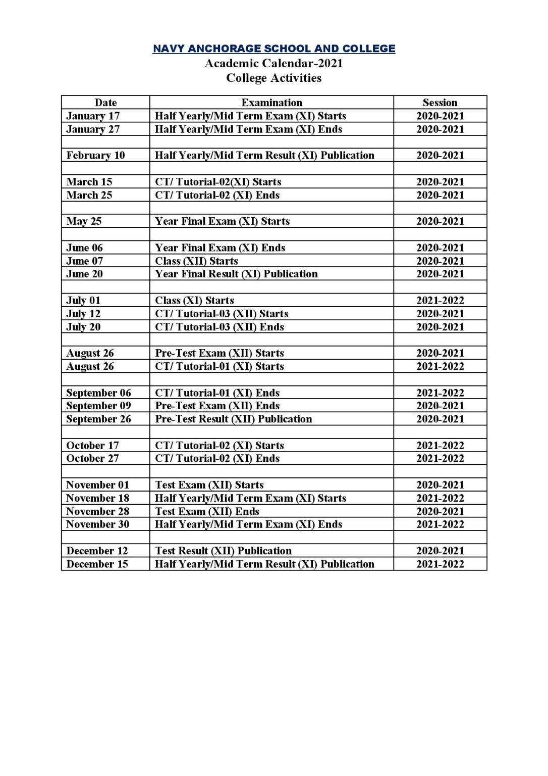 ACADEMIC CALENDAR 2021 (COLLEGE) Navy Anchorage School & College Dhaka